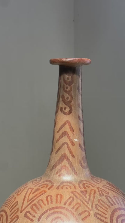 Vintage Hand-Painted Tribal Pottery Vase – Geometric Motifs & Aged Patina