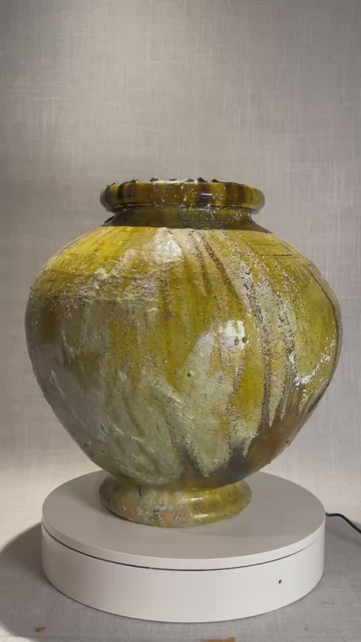 Antique Mediterranean Green and Ochre Glazed Terracotta Storage Jar with Natural Drip Glaze Patina
