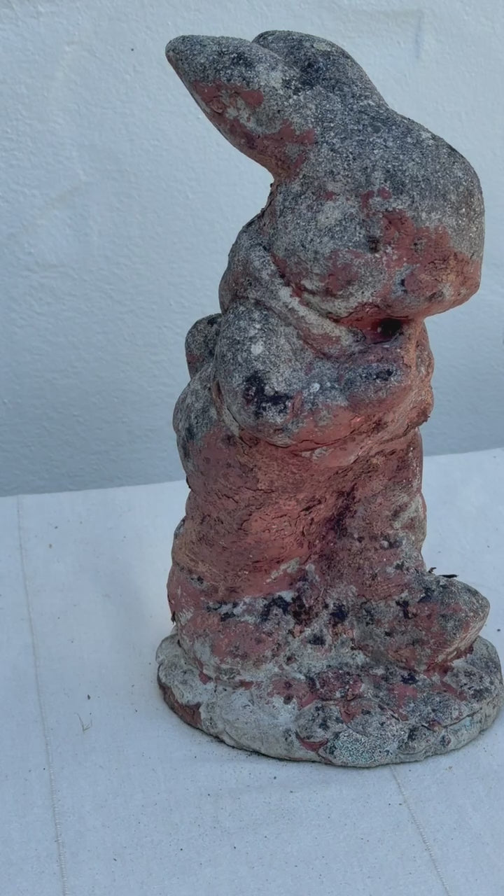 Antique 1970s Painted Concrete Rabbit Garden Statue with Weathered Patina