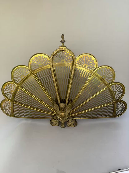 Antique Brass Griffin & Peacock Folding Fire Guard – Edwardian Fireplace c.1900s