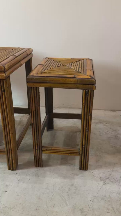 Vintage Bamboo & Rattan Nesting Tables – Set of Three, Mid-Century Tropical Boho