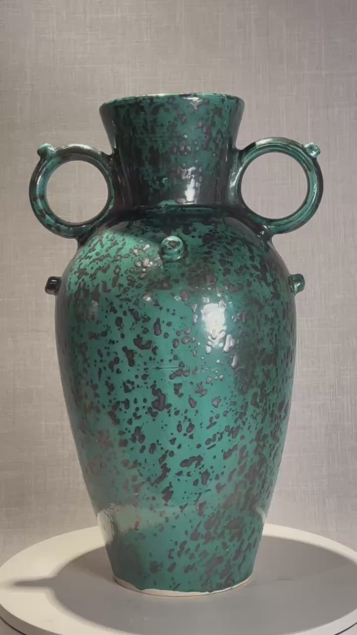 Mid-Century Blue and Black Speckled Glazed Terracotta Urn with Double Ring Handles