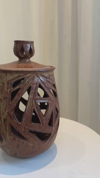 Vintage Ceramic Vase with Lid and Geometric Cutout Design