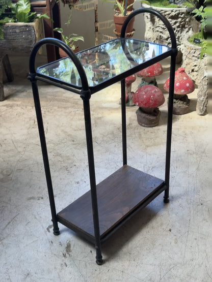 Antique Industrial Copper & Glass Entryway Stand with Wooden Shelf