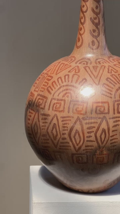 Vintage Hand-Painted Tribal Pottery Vase – Geometric Motifs & Aged Patina