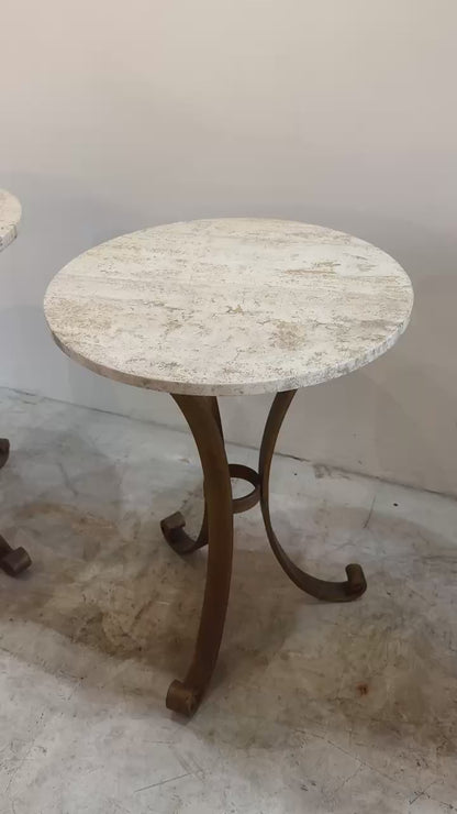 Pair of Italian iron side tables with marble tops (2 tables)