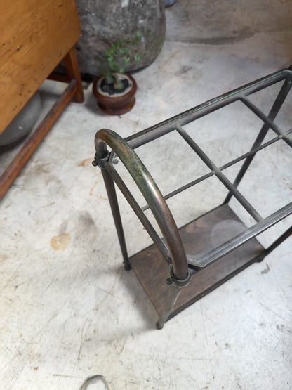 Antique Industrial Copper & Glass Entryway Stand with Wooden Shelf
