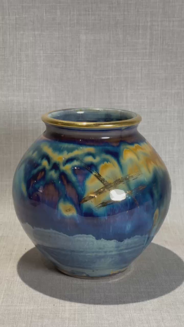 Ed Weintraub Studio Art Pottery Vase with Multicolor Drip Glaze and Gilt Rim