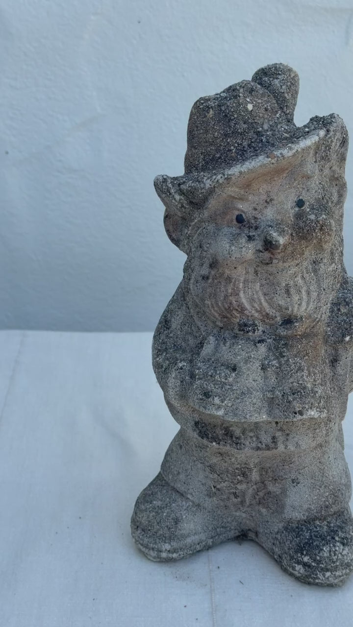 Antique 1970s Concrete Garden Gnome Statue with Hat and Lantern