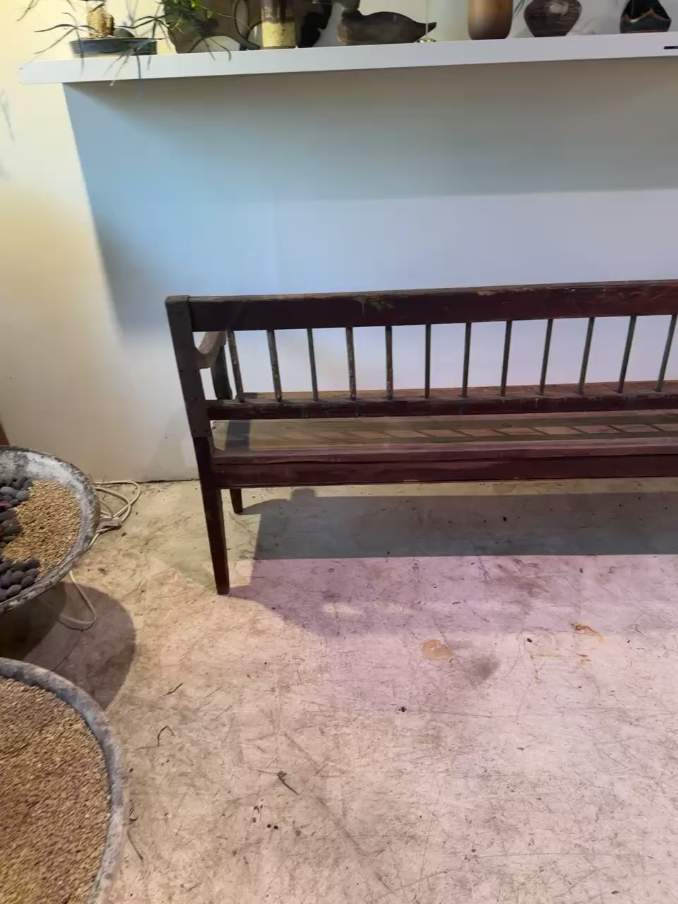 Antique European Painted Wood Slat-Back Bench with Arms – 19th Century Rustic