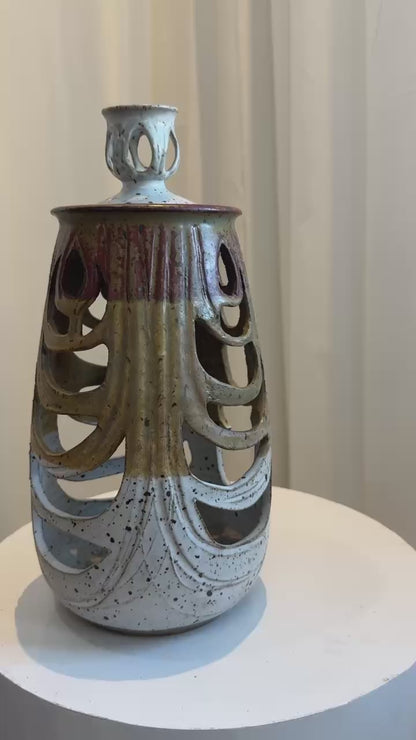 Sculptural Studio Pottery Vase with Lid and Organic Cutouts