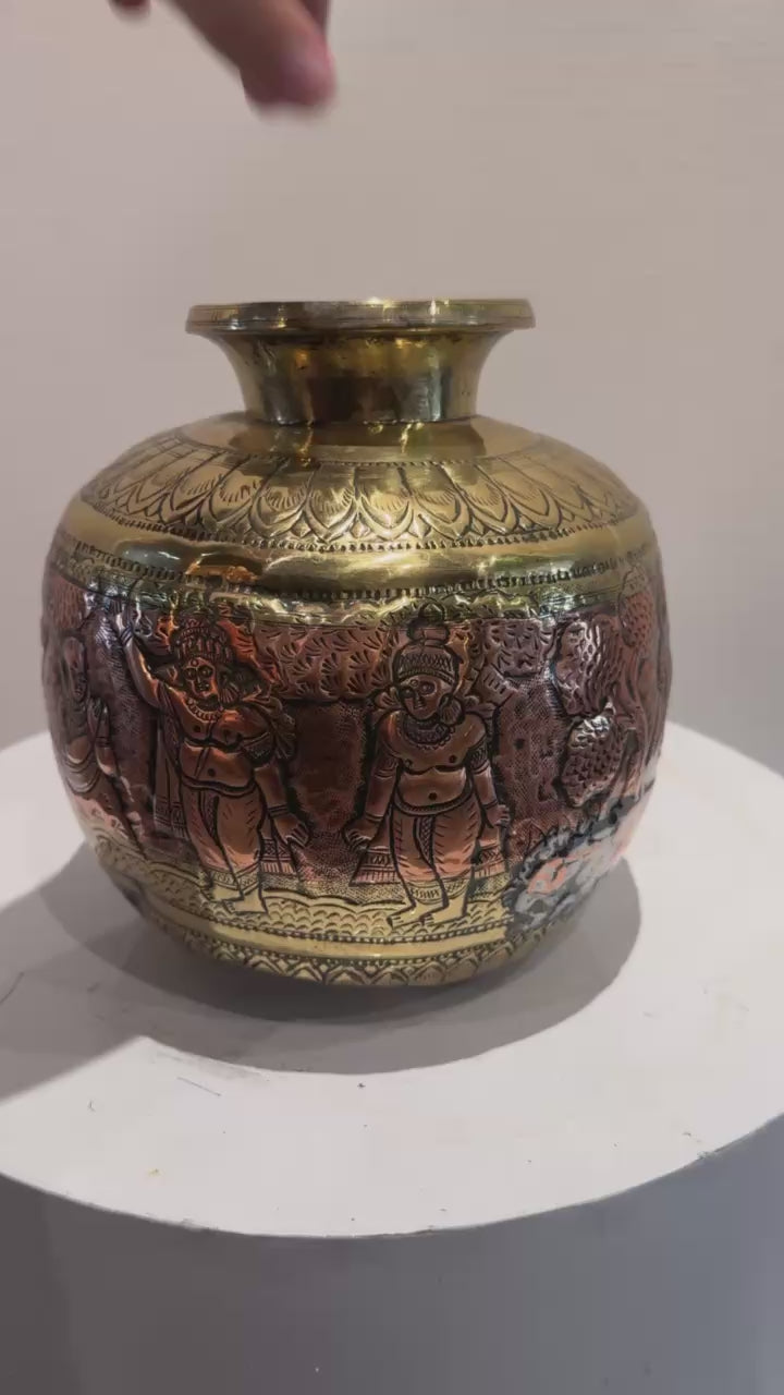 19th Century Indian Brass & Copper Ritual Vessel with Hand-Etched Hindu Deities, featuring intricate deity engravings. hommes + gardens estudio.