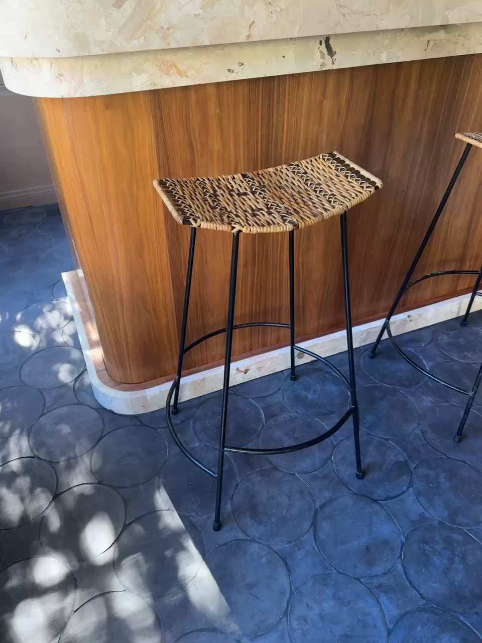Arthur Umanoff Wicker & Iron Bar Stools – Authentic MCM Sculptural Pair