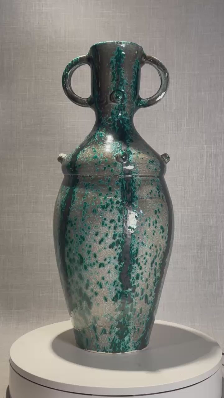 Mid-Century Modern Speckled Green and Black Glazed Terracotta Urn with Double Handles