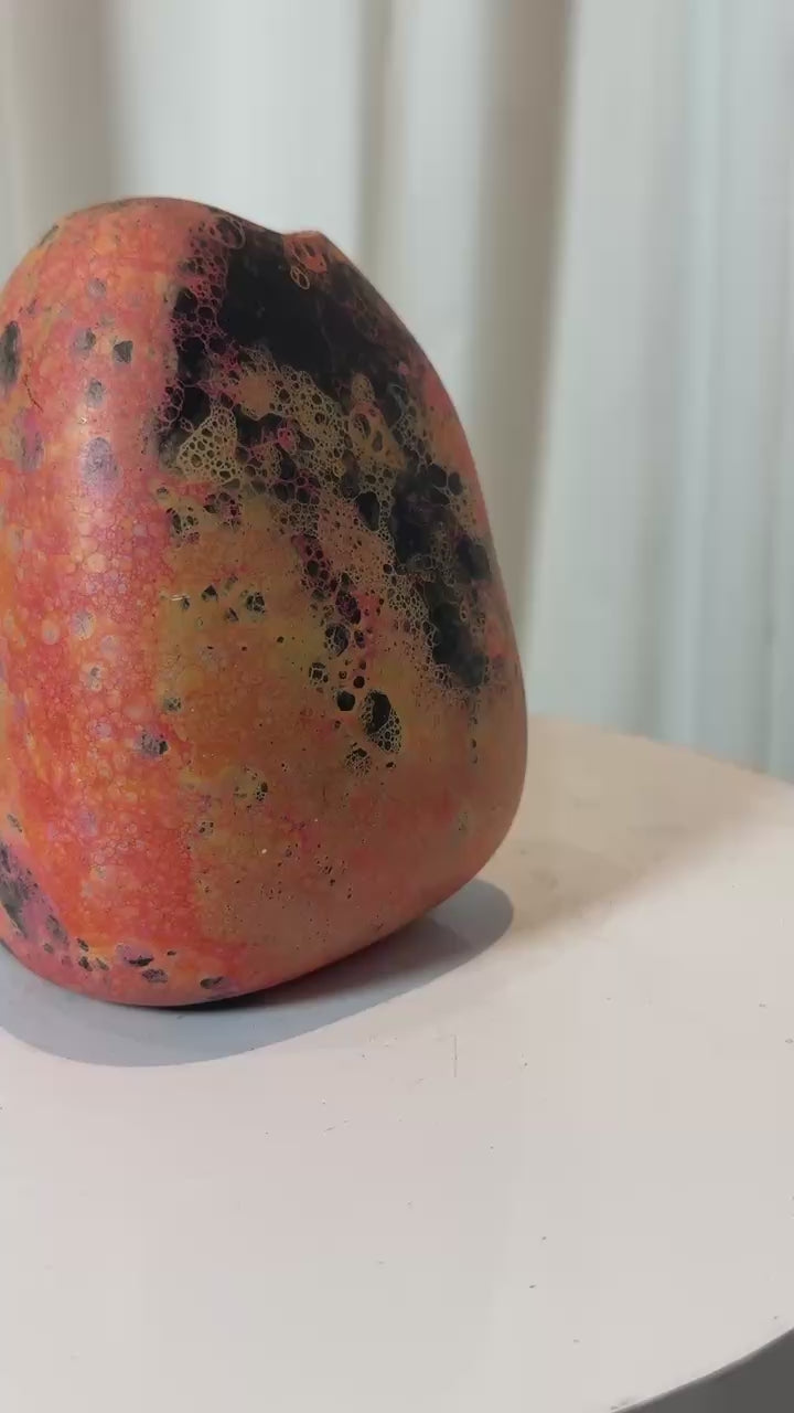 Freeform signed ceramic vase by Mich, 1994, with volcanic glaze texture and bold asymmetrical shape, modern art collectible pottery — Hommes and Gardens, Vases + Vessels Collection, Landscape Architect, Interior Designer, Outdoor Living, Art, Furniture, Objects, Best Gifts, Nature, Backyard, Yard, Outdoor Decorations, Home Decor, Home Design, Luxury Design.