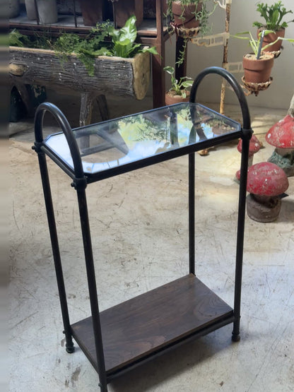 Antique Industrial Copper & Glass Entryway Stand with Wooden Shelf