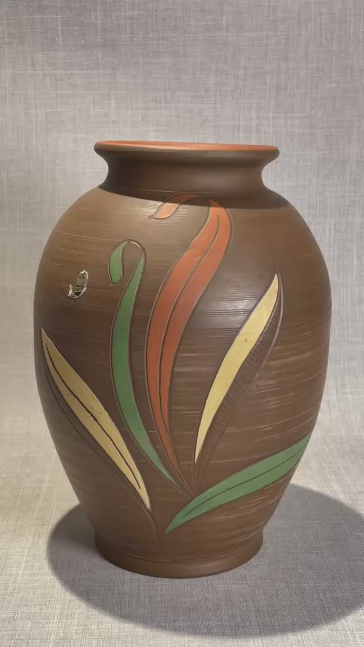 Mid-Century Küle Keramik West German Terracotta Vase with Hand-Carved Leaf Motif