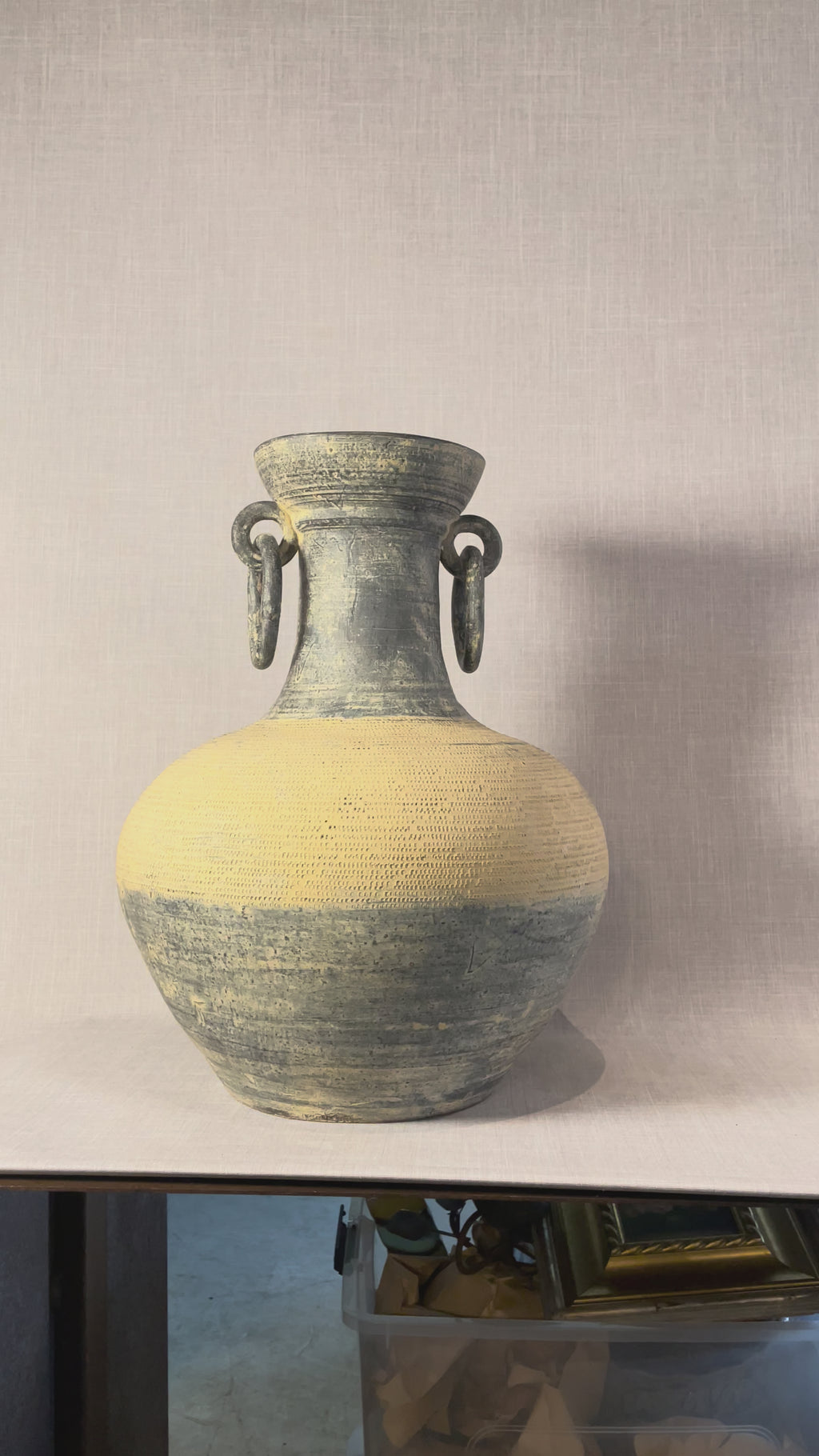 Monumental Textured Studio Pottery Amphora Vase with Sculptural Ring Handles, showcasing earthy tones and unique textures, hommes + gardens estudio.