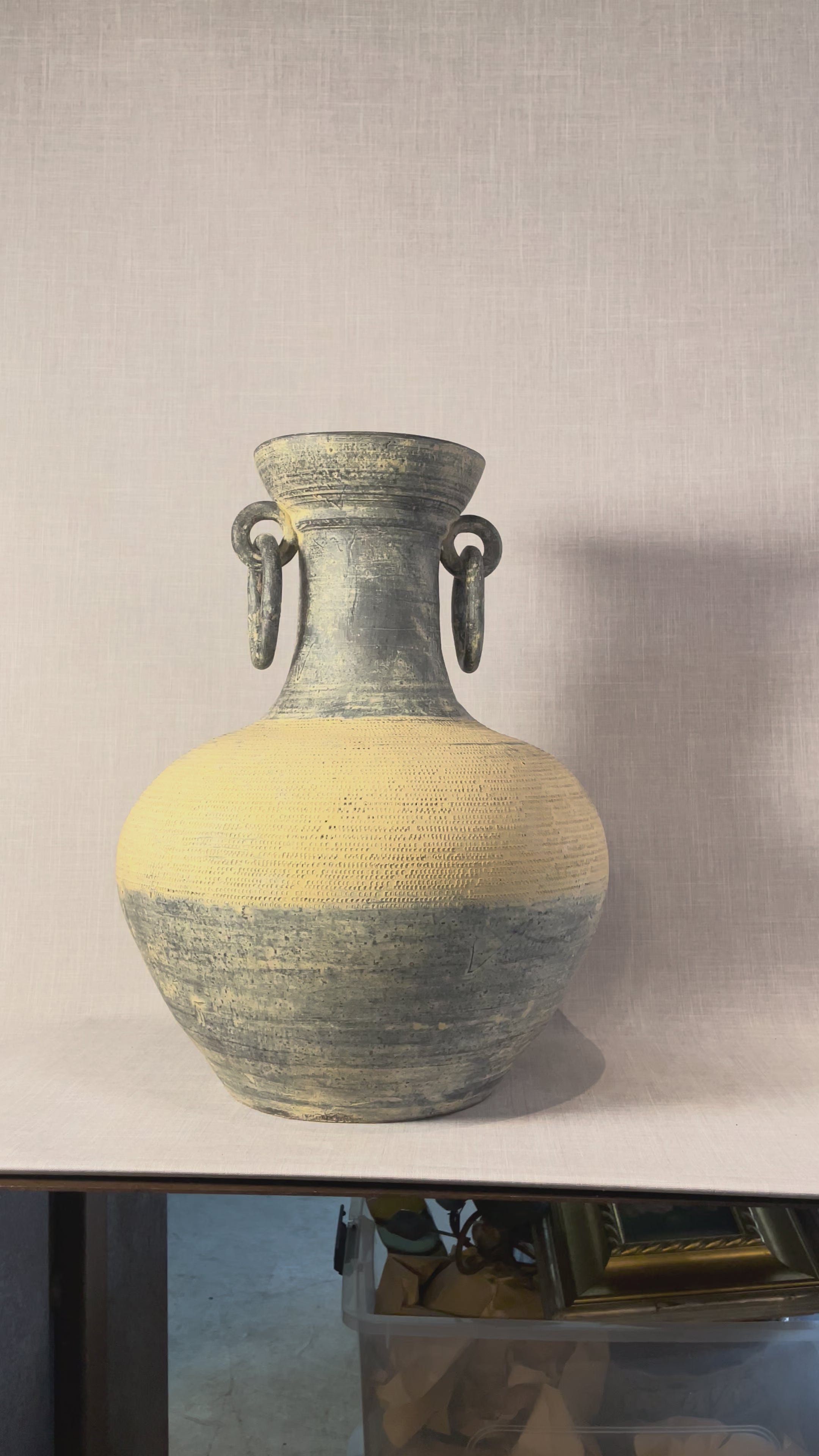 Monumental Textured Studio Pottery Amphora Vase with Sculptural Ring Handles, showcasing earthy tones and unique textures, hommes + gardens estudio.
