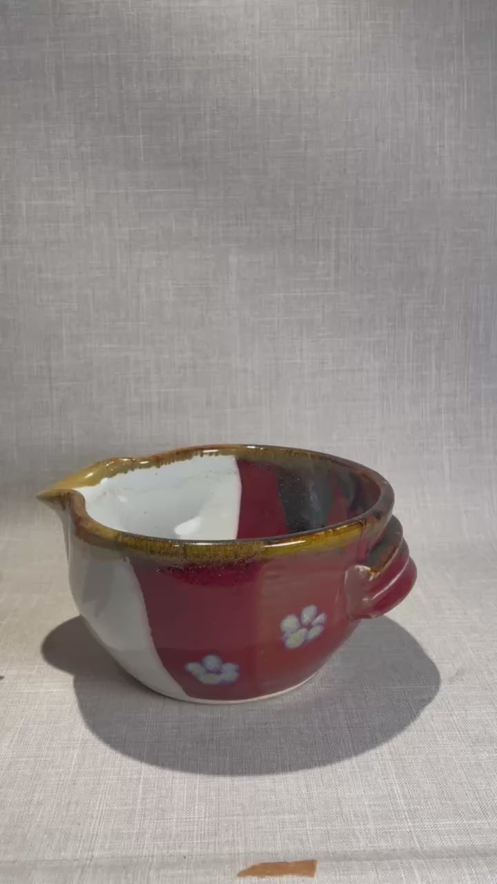 Signed Studio Art Pottery Pitcher with Red and White Glaze and Applied Handle