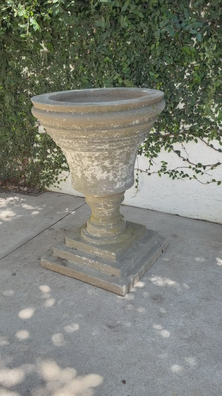 X-Large Classical Cast Concrete Garden Urn Planter on Pedestal Base, 34 Inches