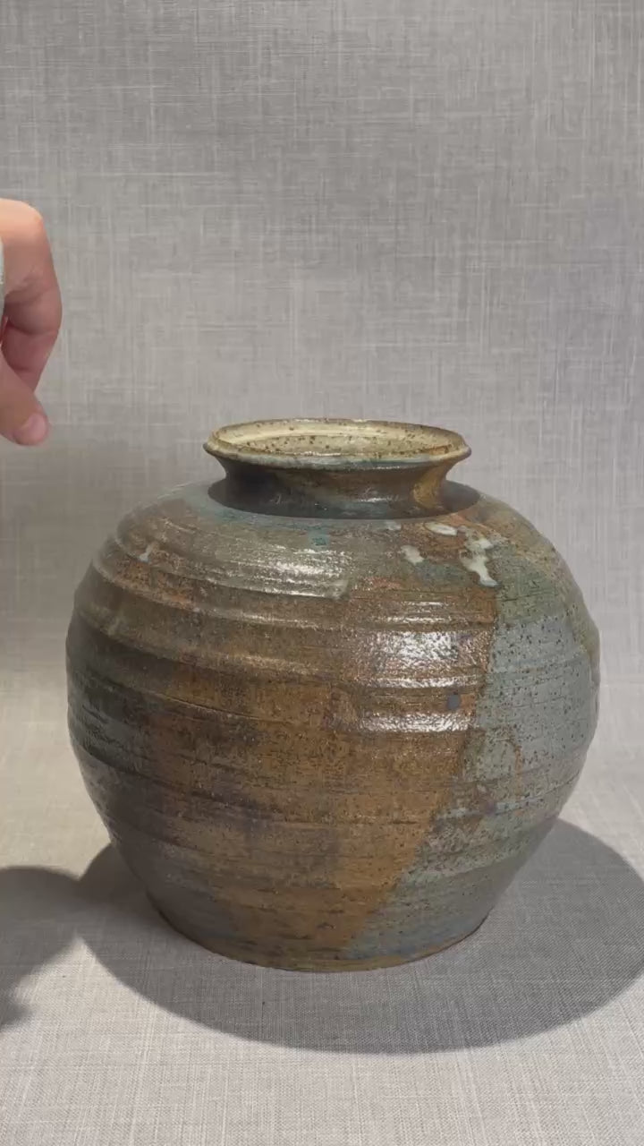 Handcrafted Earthenware Vase with Natural Ash Drip Glaze in Earth and Sage Tones