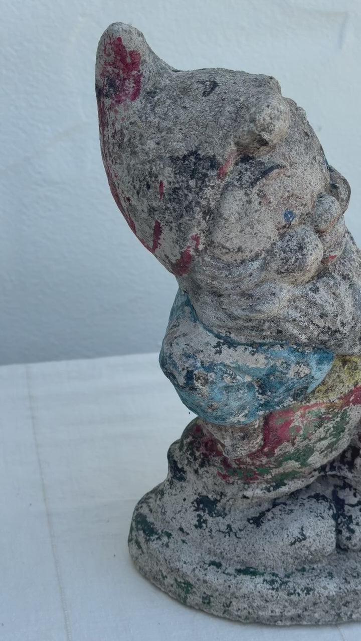 Antique 1970s Painted Concrete Garden Gnome with Barrel Statue