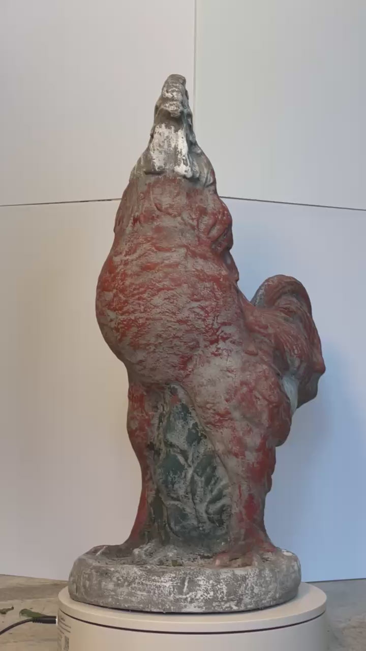 Large Vintage French Concrete Rooster Garden Sculpture with Aged Patina