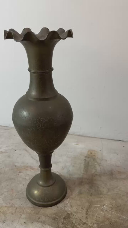 Vintage Engraved Brass Fluted Vase