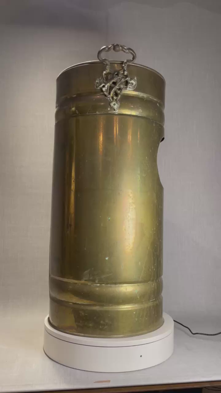 Vintage Brass Standing Trash Can with Ashtray Top and  with Ornate Handles and Aged Patina