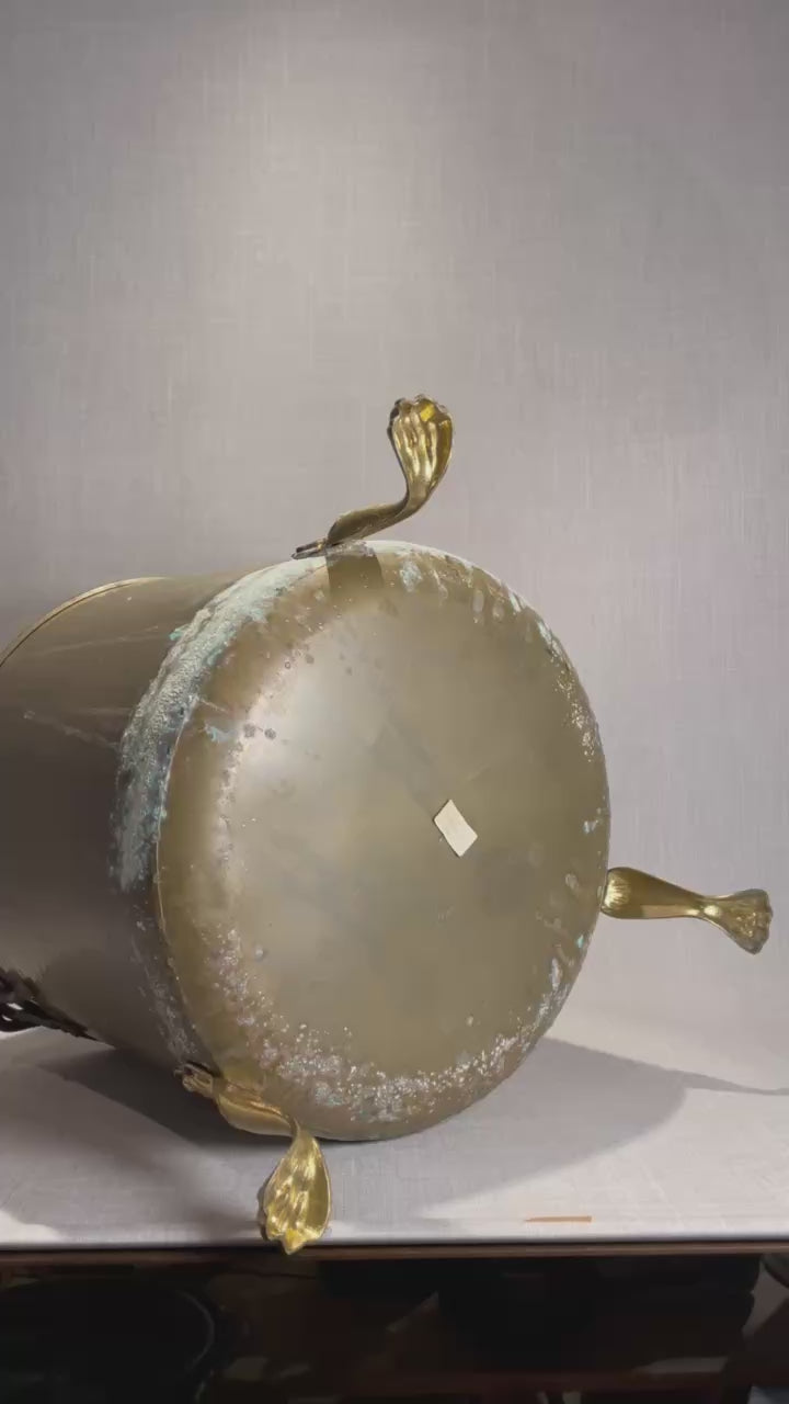 Large Antique English Hand-Hammered Brass Bucket with Claw Feet and Iron Handle