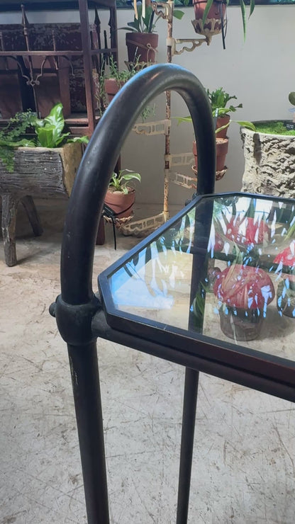 Antique Industrial Copper & Glass Entryway Stand with Wooden Shelf