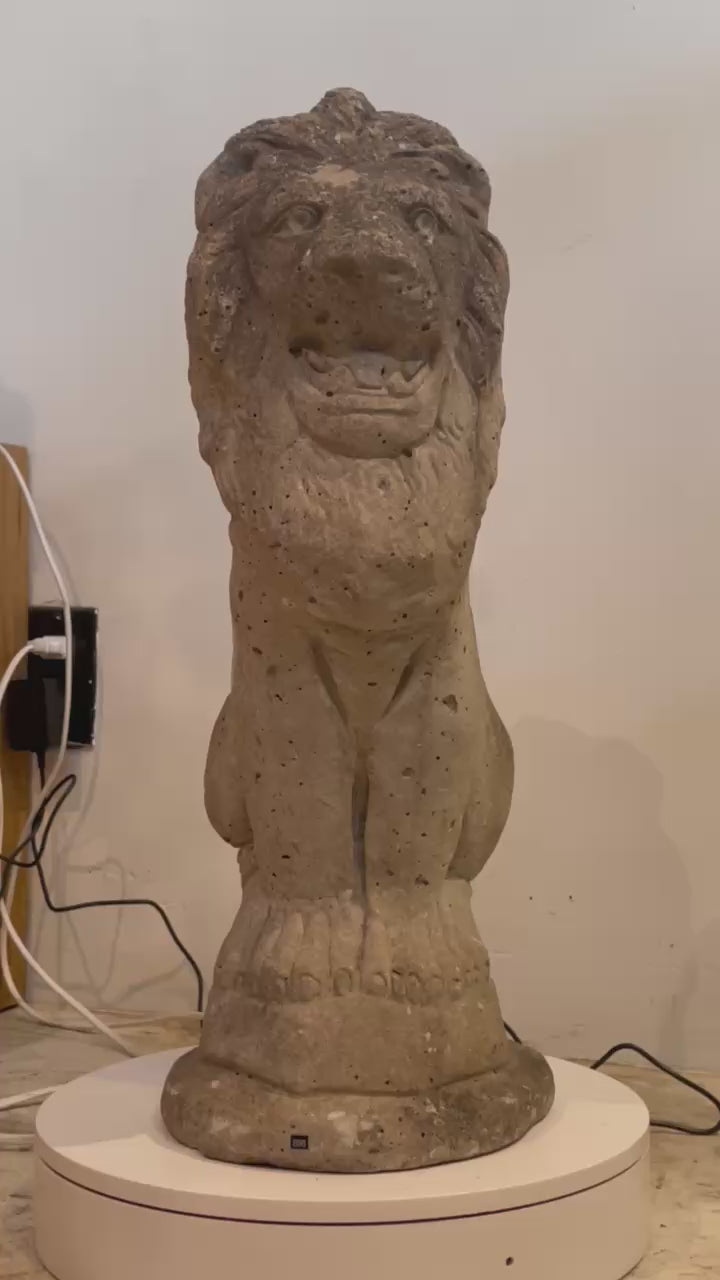 Early 20th Century Antique English Cast Stone Lion Garden Statue with Weathered Patina