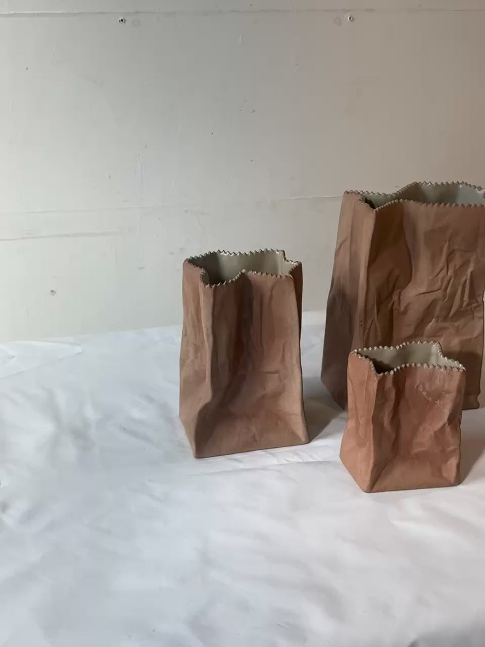 Tapio Wirkkala for Rosenthal “Paper Bag” Ceramic Vases, Germany, 1970s – Sculptural Set of 3