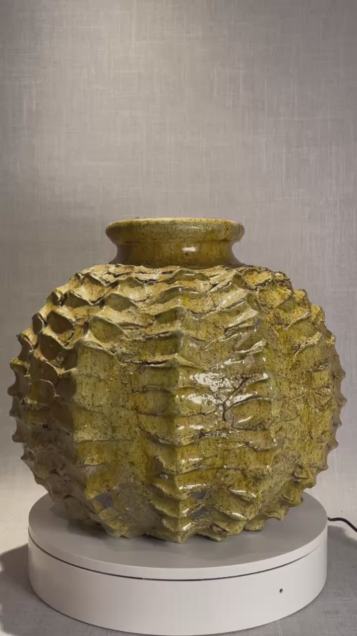 Sculptural Moroccan Handcrafted Vase with Textured Ochre and Dark Accents