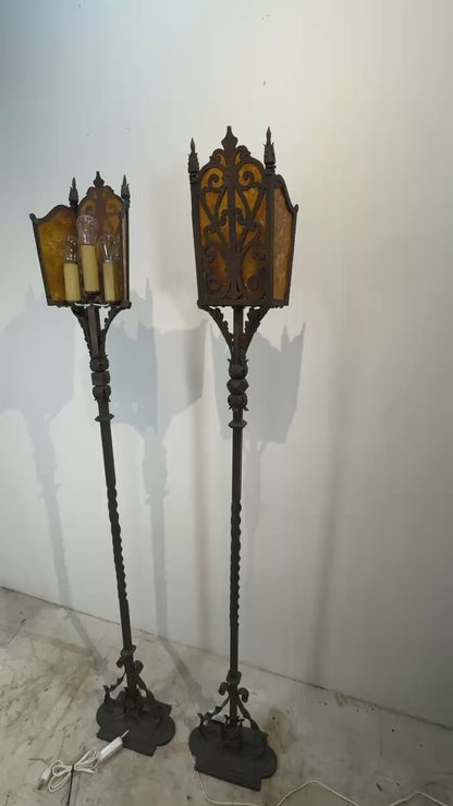 Pair of Vintage Iron Floor Lamps with Amber Mica Shades